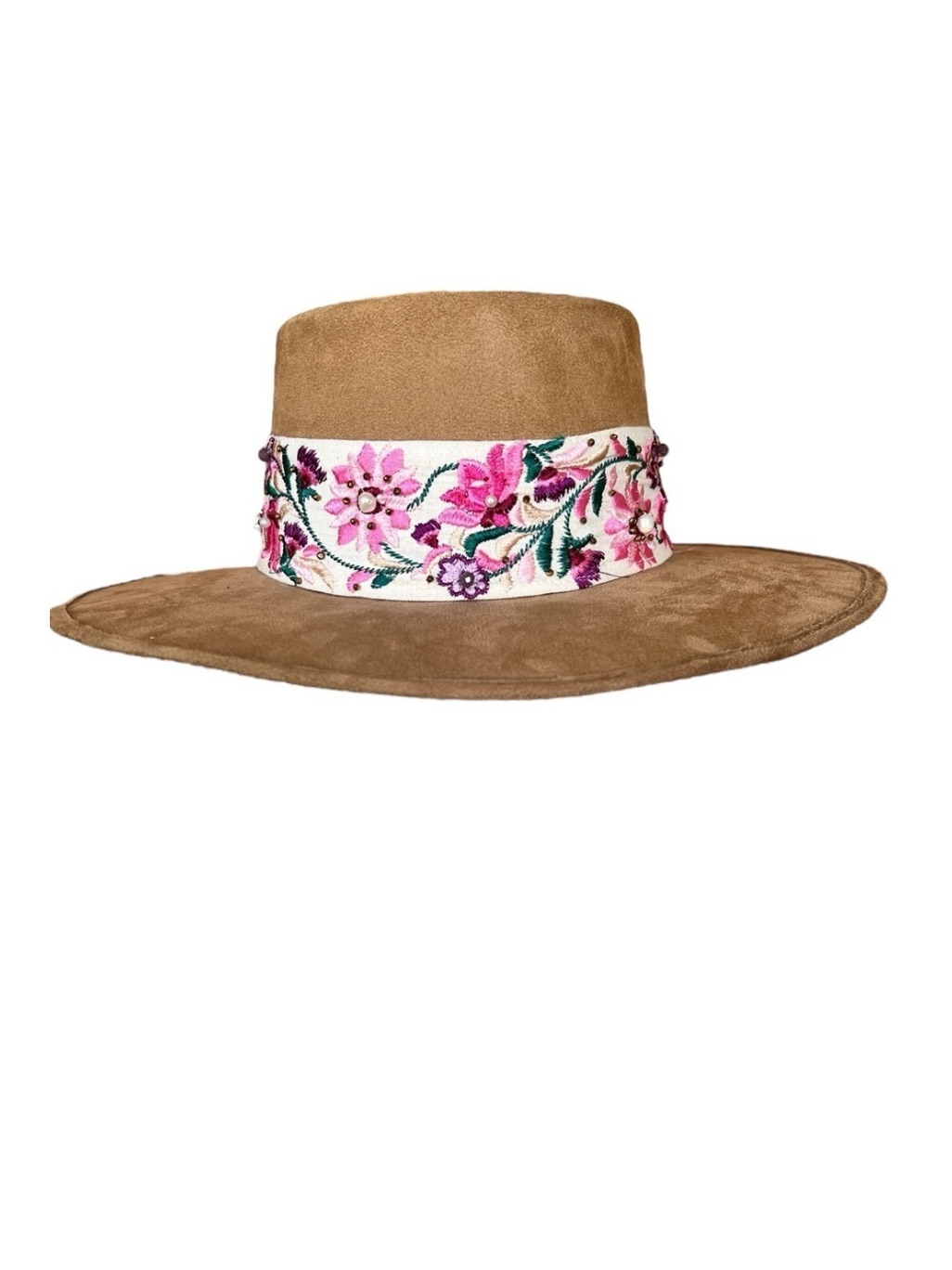 Flaca Mia Tan Floral Embroidered Boater Hat W/ Tassel Mexico Artisan